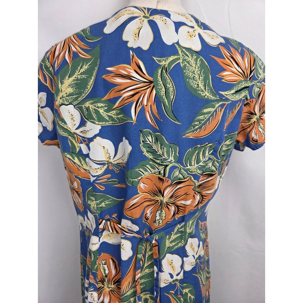 Vtg Hilo Hattie Hawaiian Dress M Blue Hibiscus Floral Rayon Midi Muumuu Tropical - Picture 3 of 10